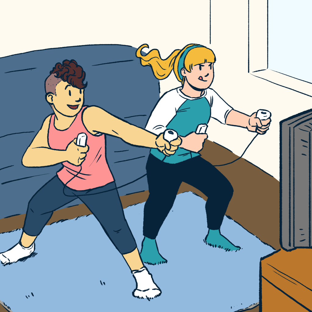 Cartoon image of two young woman playing an active video game.