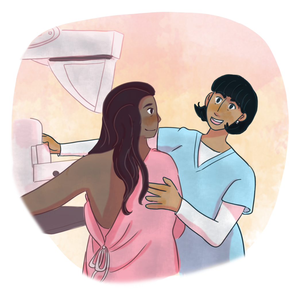 Cartoon image of a doctor conducting a breast exam on a patient.