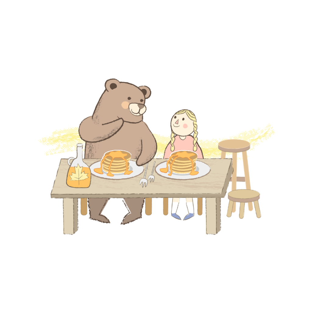 Cartoon image of a girl happily eating pancakes with a bear.