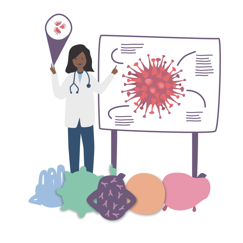 Image of doctor standing with whiteboard with virus portrayed.